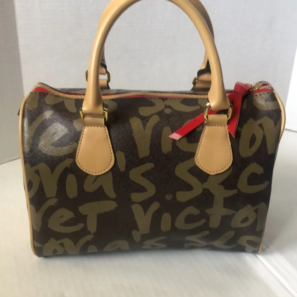 Victoria's Secret Brown Graffiti Heart Satchel with Red and Orange Accents - Picture 6 of 16